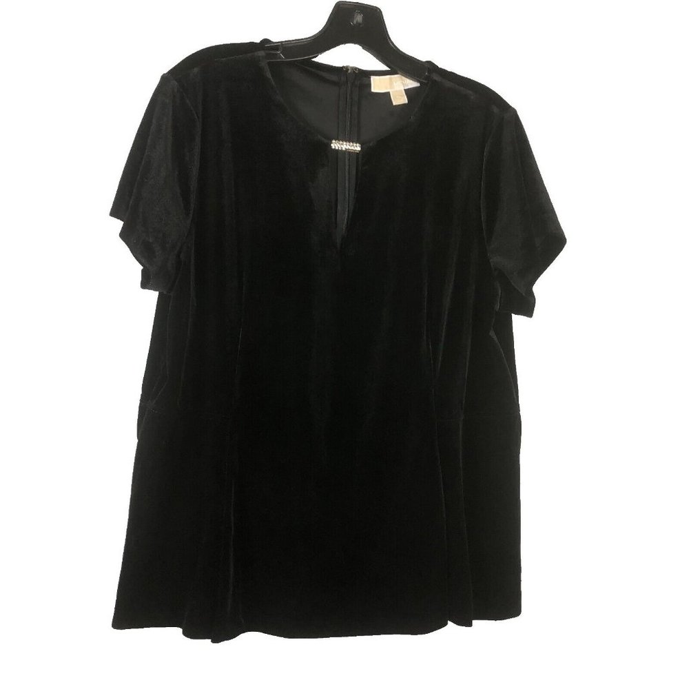 Michael Kors Women Black Velvet Short Sleeve Key Hole Neck Blouse‎ Top Size XL